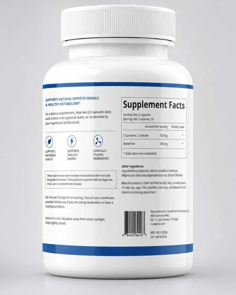 NuvaPrime Berberine + L-Carnitine L-Tartrate bottle — back label with Supplement Facts